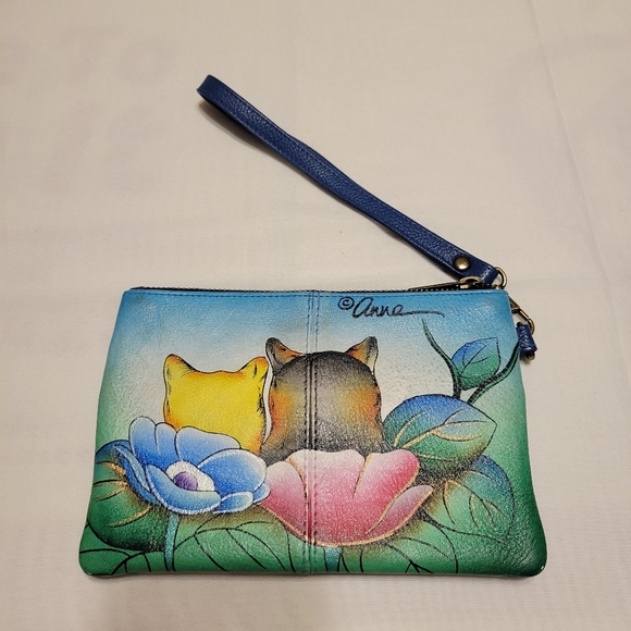 Anuschka Blue and Green Leather Hand Painted  Cat Design Wristlet - Picture 2 of 9